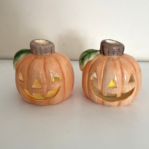 VTG Fortunoff Halloween Pumpkin Votive Candle Holders Jack O Lantern Set Of 2 - Picture 1 of 9